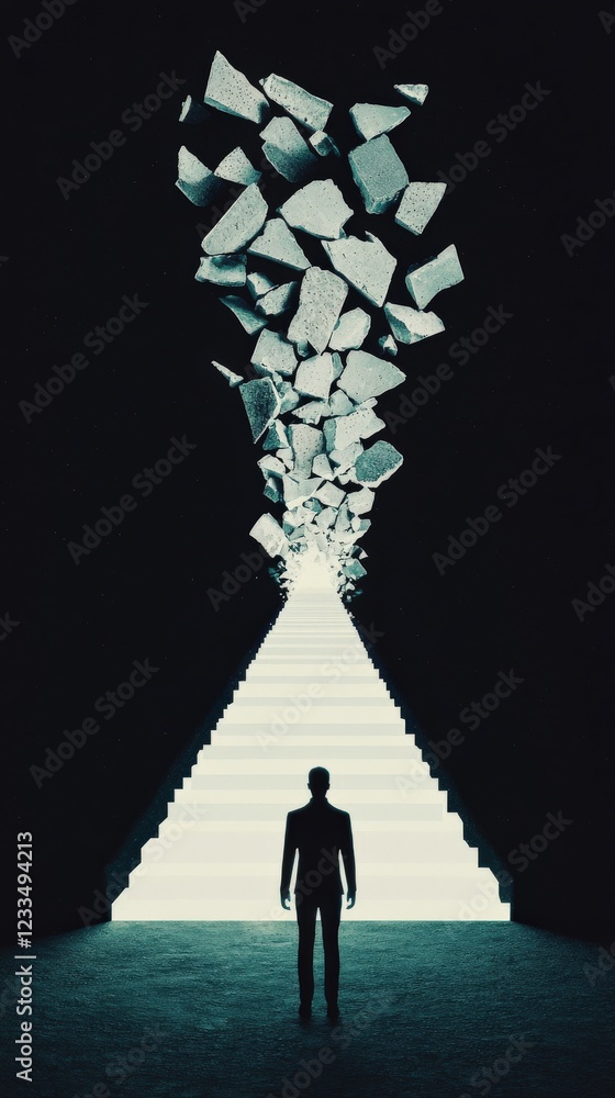 Poster Mysterious Staircase with Man Facing Falling Blocks in a Dark Surreal Environment