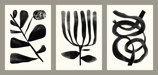 Classic folk abstract black and white floral, abstract line and shape ink style botanical retro poster set for cover, poster and print