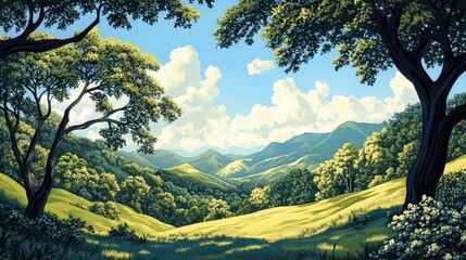 Obraz premium Lush Green Mountains Under Bright Blue Sky with Fluffy White Clouds