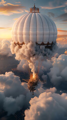 Obraz premium Majestic Hot Air Balloon Gliding Through Clouds at Sunset in a Dreamy Sky