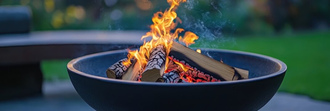 outdoor fire pit, warm glowing flames, garden setting, dusk lighting, modern black bowl design, stone pebbles, cozy ambiance, backyard gathering, peaceful evening, bokeh background, soft focus, panora