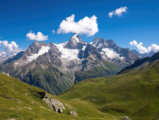 Majestic Snow-Capped Mountains Beneath a Clear Blue Sky in Summer Landscape