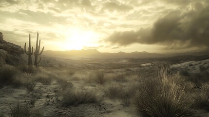 A serene desert landscape at sunset with cacti and distant mountains.