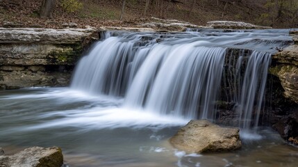 Fototapeta premium Tranquil waterfall cascading over rock formations in a forest during autumn