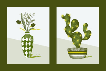 Modern abstract floral botanical cactus with stone vase pop art print wall art set for cover, background and print.