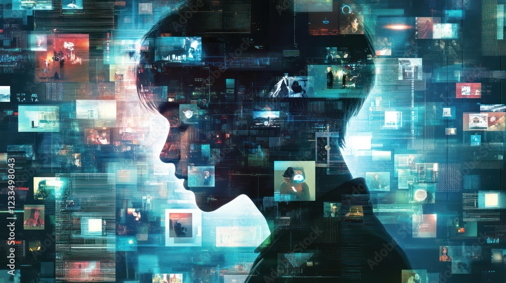 Poster digital mind: a silhouette of a person immersed in a universe of data streams and digital images