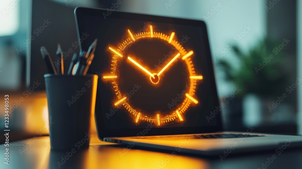 Poster modern laptop displaying clock design in warm orange glow with stylish office background and station