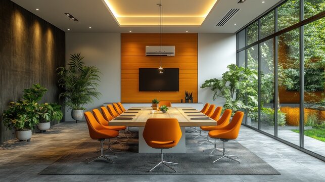 Modern orange conference room with large windows and plants.