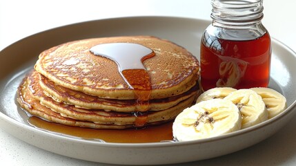 Stack of golden pancakes drizzled with syrup, served with banana slices on a plate