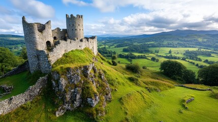 A medieval castle on a hilltop, with stone walls and turrets overlooking a green valley