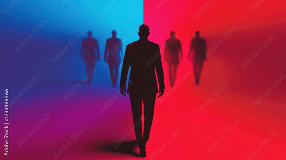 Poster mysterious figure walking through colorful fog with shadowy silhouettes in background