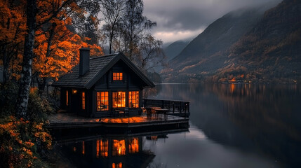 Fototapeta premium Cozy cabin lake autumn mountains evening tranquility