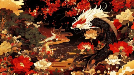 Koi Dragon Aquatic Fantasy Art Red Gold Flowers