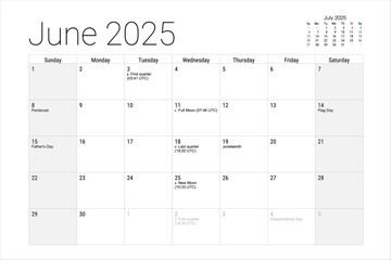 June 2025 Calendar Monthly Planner Holidays Moon Phases Printable