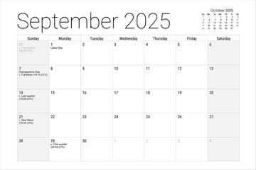 2025 September Calendar Monthly Planner Printable Labor Day Full Moon Phases