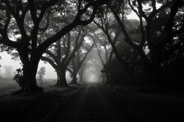 Foggy Road Through Dark Silhouetted Trees