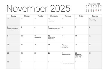 November 2025 Calendar Monthly Planner Holidays Phases of the Moon Thanksgiving