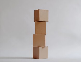 Obraz premium Four stacked beige cardboard boxes on white background.
