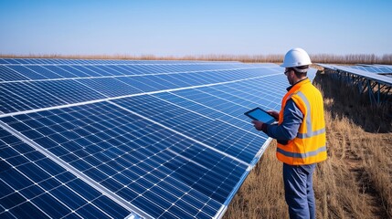 Safety vested engineer examining solar panels with tablet, documenting renewable energy infrastructure and maintenance workflow in expansive solar installation
