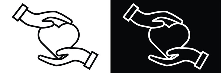 black and white icon of hands cradling a heart for support. hand holding heart icons.