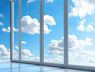 Modern Interior View Through Large Windows Featuring Blue Sky and Fluffy White Clouds