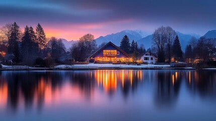 Fototapeta premium Lakeside House Sunset Reflection Winter Mountains