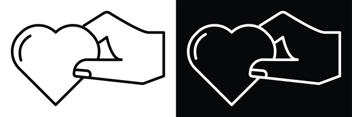 Black and white line icon of a hand holding a heart, symbolizing care, love, and support. Vector illustration eps 10.