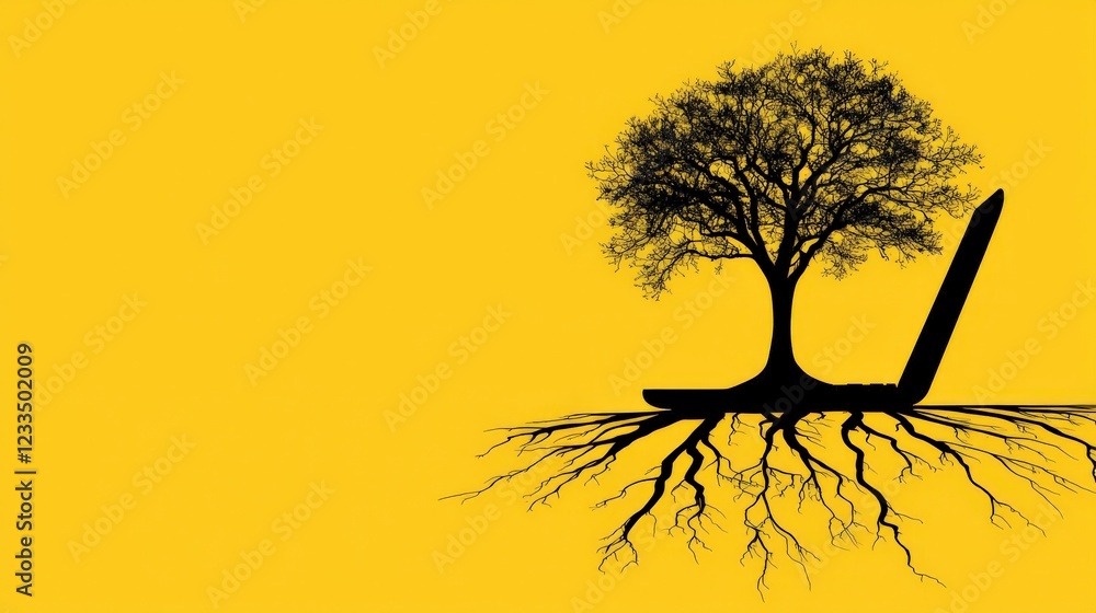 Poster creative concept of a tree emerging from an open book with roots on a vibrant yellow background