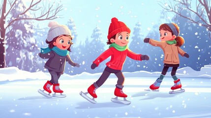 Cartoon style happy child doing ice skating.
