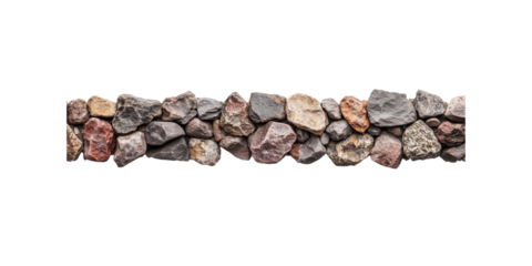 A line of assorted rocks showcasing various textures and colors. Isolated on white background.