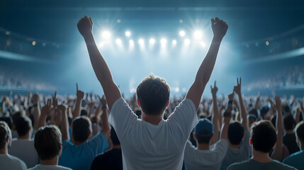 Concertgoer celebrates, arms raised, crowd cheering; bright stage lights
