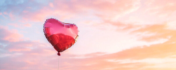 Obraz premium A heart-shaped balloon floats against a colorful sunset sky, symbolizing love and joy.