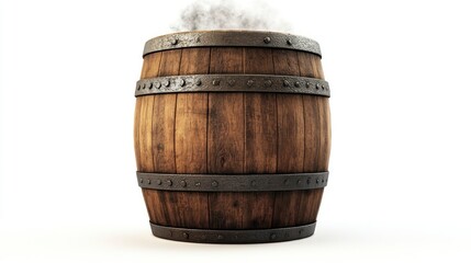 Steaming wooden barrel with iron bands isolated on white background high-resolution conceptual photography