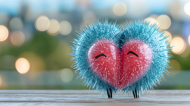 Two fuzzy hearts cuddling, city bokeh background, Valentine's Day card - Powered by Adobe
