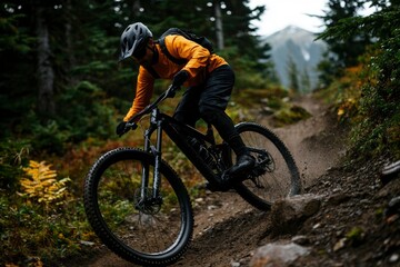 Fototapeta premium Mountain biker rides through a forest trail