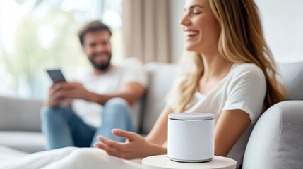 Fototapeta premium Woman laughing while enjoying music through a smart speaker at home, with her partner using a smartphone in the background, creating a joyful and relaxing atmosphere together