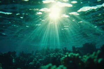 Sunbeams Illuminate Underwater Coral Reef Scene