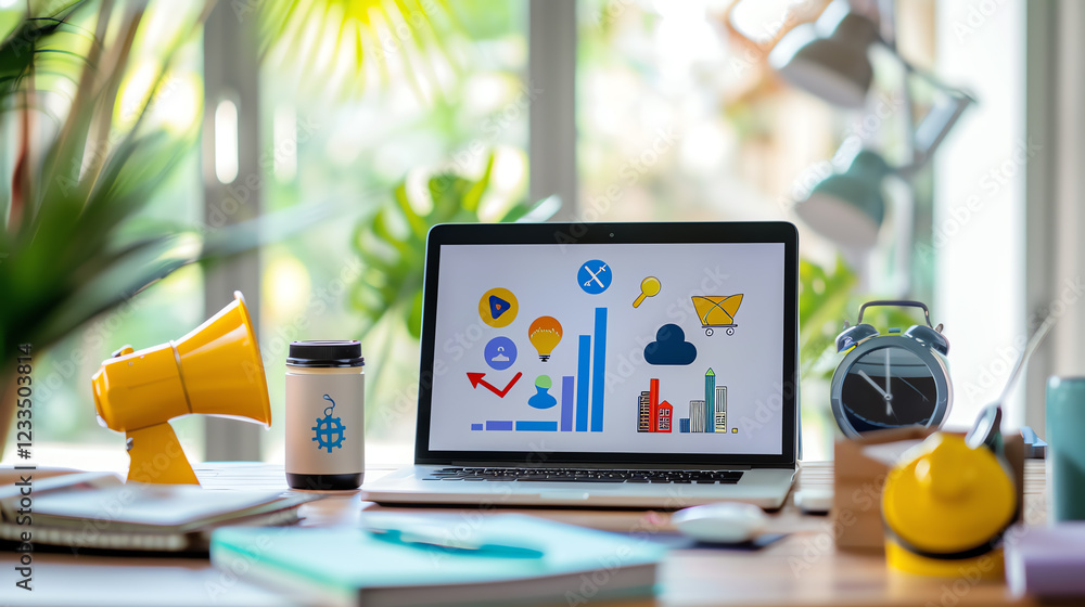 Poster modern workspace featuring laptop with data visualization graphics and creative office items