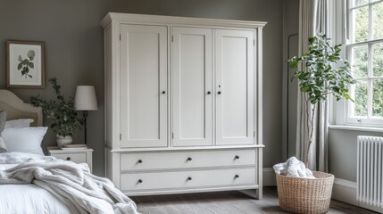 A sophisticated wardrobe with a luxurious cream white finish. Three doors, rounded legs and metal handles add elegance, while the large drawers provide convenient storage for a stylish bedroom.