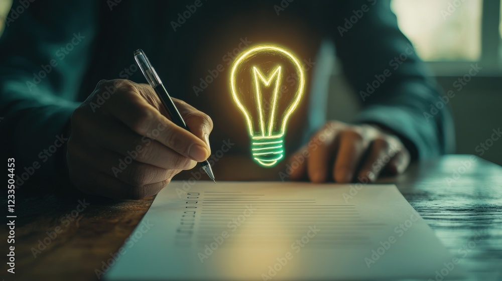 Poster creative brainstorming concept with glowing light bulb and notepad in hands during idea generation p