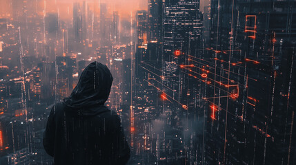 Hacker are planning to hack and attack networks and cyber security systems Smart digital city with connection cyber security network reciprocity over the cityscape . future smart wireless digital city