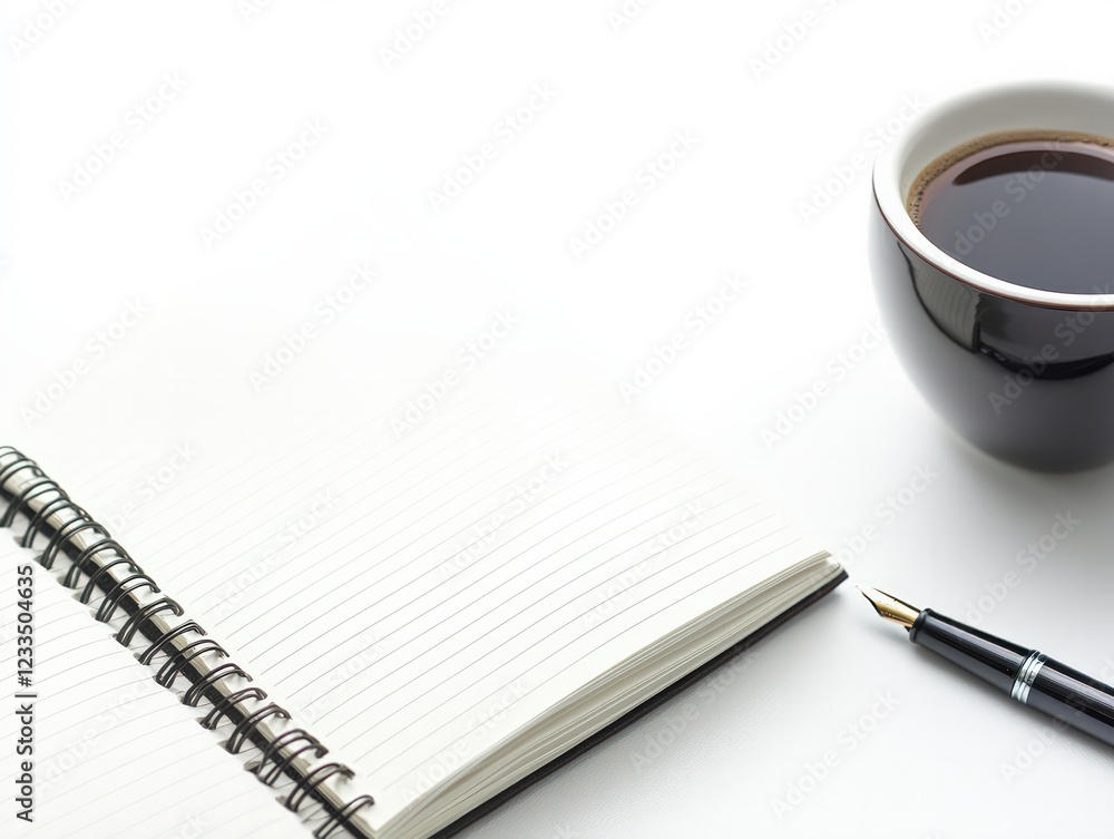 Poster notebook with blank pages and coffee cup on minimalist desk for creative reflection