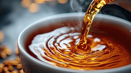 Steaming tea being poured into a cup, surrounded by warm, glowing bokeh lights