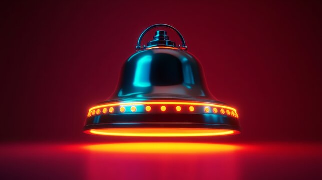 A glowing 3D jackpot bell with neon lighting effects, floating on a red background 