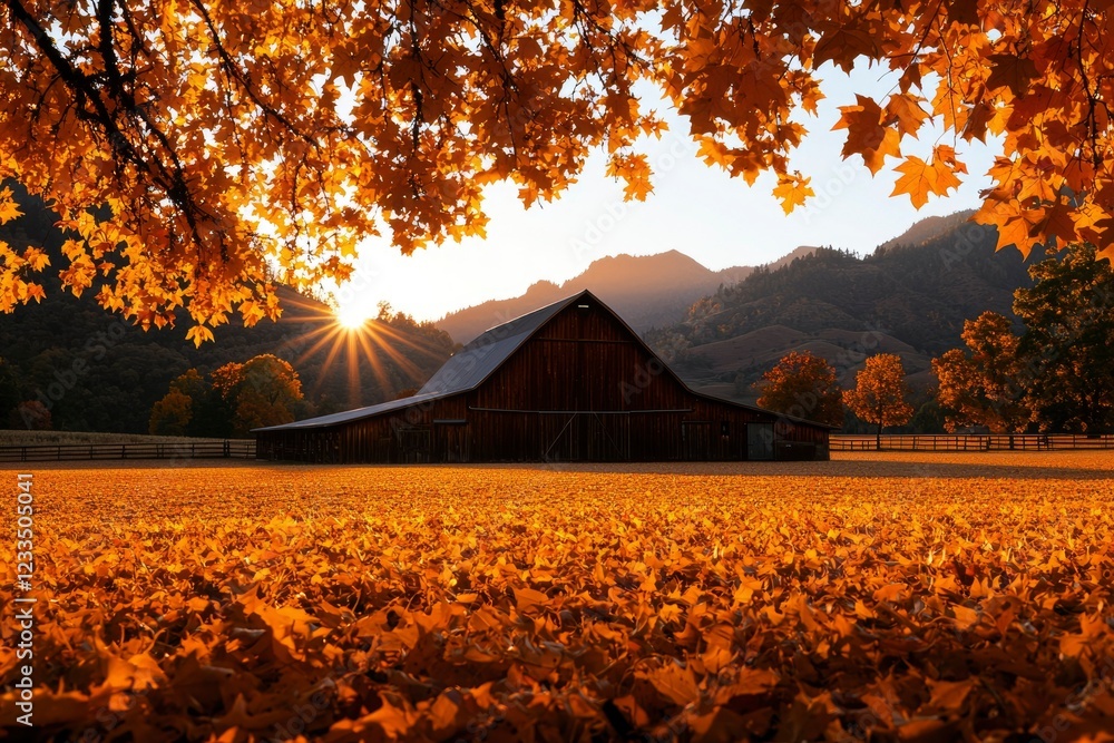 Poster Autumn Barn Sunset Golden Leaves Landscape