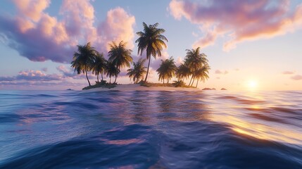 Fototapeta premium A tranquil tropical island at sunset, surrounded by calm waters and palm trees.