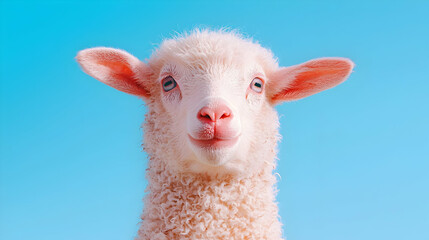 Cute lamb portrait, blue background, spring, farm animal (1)