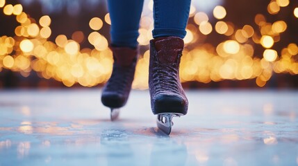 Fototapeta premium Closeup of skater feet in ice-skating boots shoes with blade on ice surface.