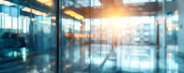 Obraz premium Abstract blurred background of modern office building with glass wall and sunlight