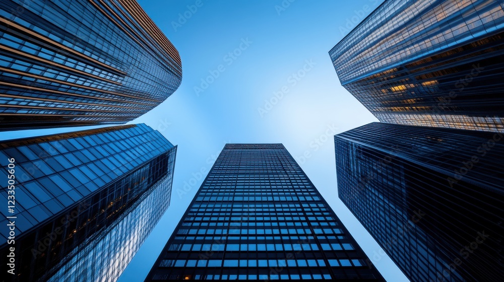 Wall mural Modern Skyscrapers Reaching Into Clear Sky in Urban Landscape with Glass Facades and Steel Structures